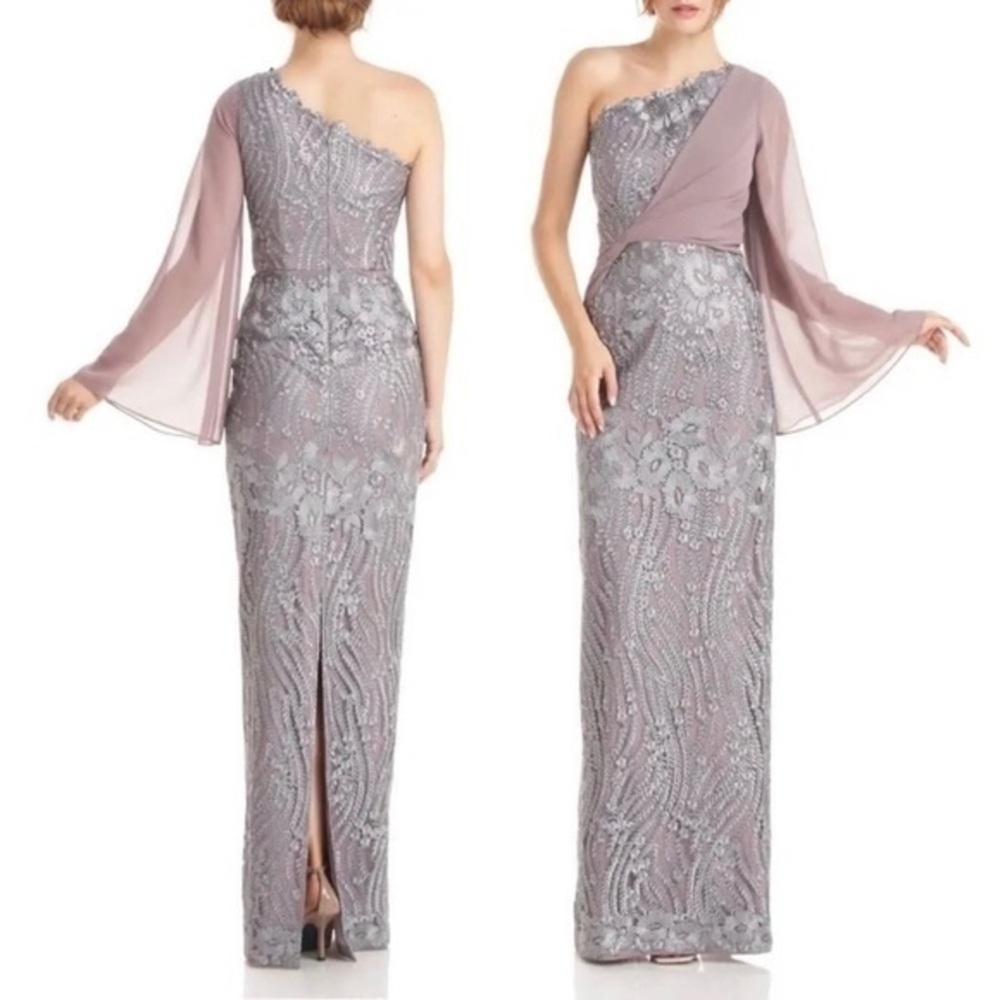 JS Collections Amari One-Shoulder Twist Embroidered Lace Overlay Gown in Steel